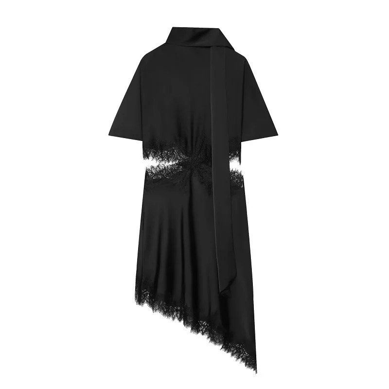 Elegant High-Neck Satin Asymmetrical Lace Dress 6 Elegant High-Neck Satin Asymmetrical Lace Dress - Image 6