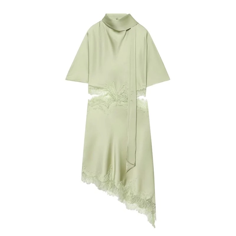 Elegant High-Neck Satin Asymmetrical Lace Dress 7 Elegant High-Neck Satin Asymmetrical Lace Dress - Image 7