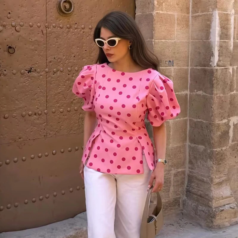 Pink Polka Dot Puff Sleeve Blouse 2 Pink Polka Dot Puff Sleeve Blouse - Image 2