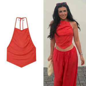 Red Linen Halter Top & Wide-Leg Pants Set