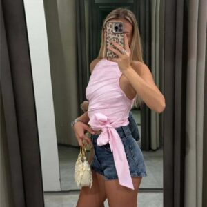 Chic Pink Ruched Halter Top with Side Bow