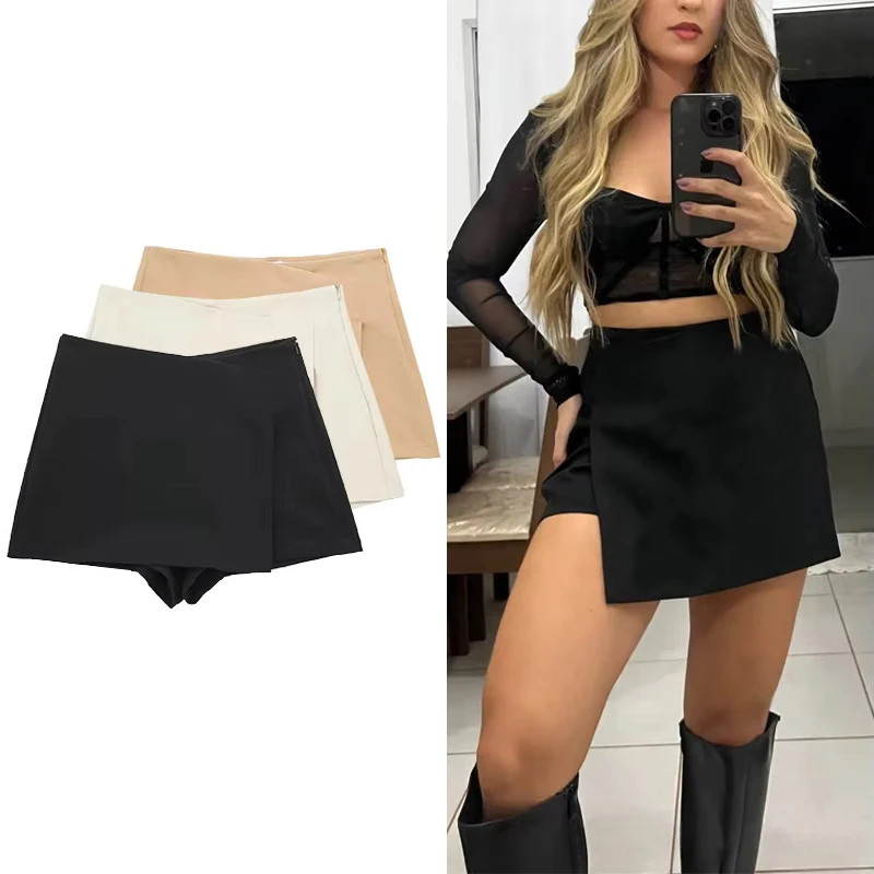 High-Waisted Asymmetric Side-Slit Skort 1 asymmetrical skort for black,white ,khaki colors