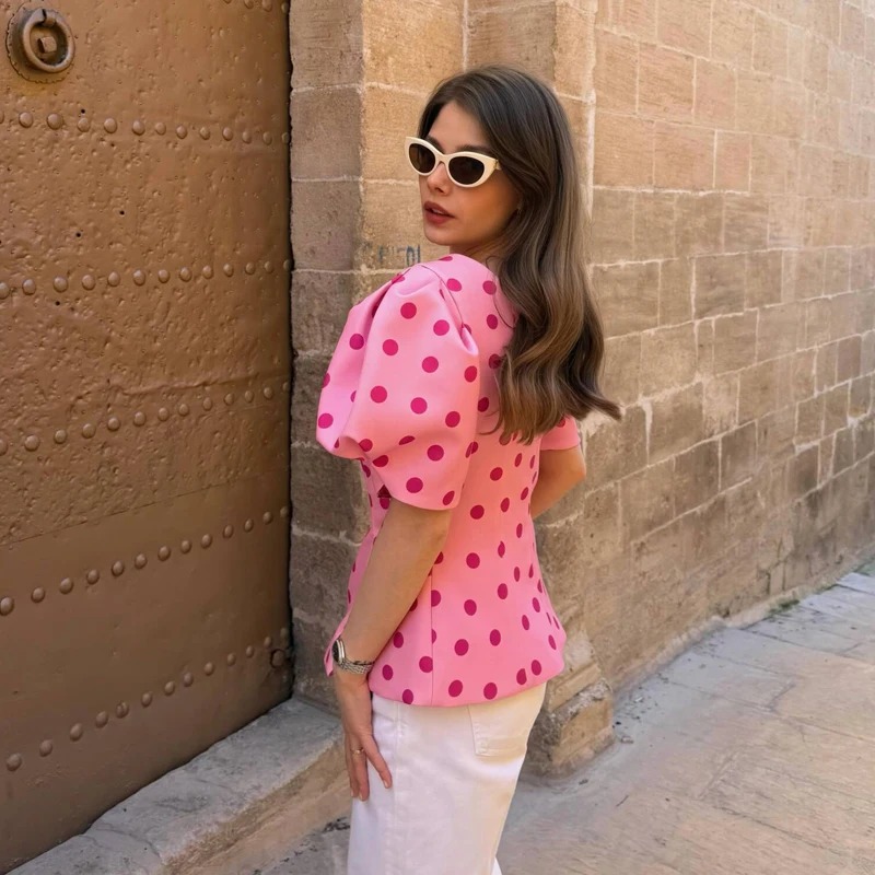 Pink Polka Dot Puff Sleeve Blouse 3 Pink Polka Dot Puff Sleeve Blouse - Image 3