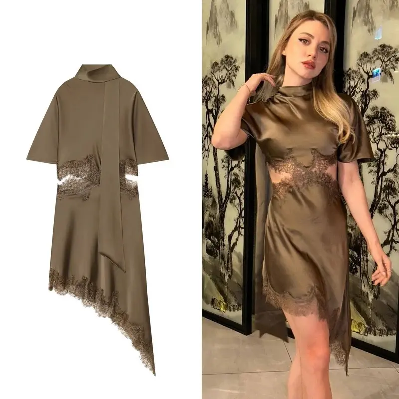 Elegant High-Neck Satin Asymmetrical Lace Dress 1 silk_lace_asymmetric_dress on women