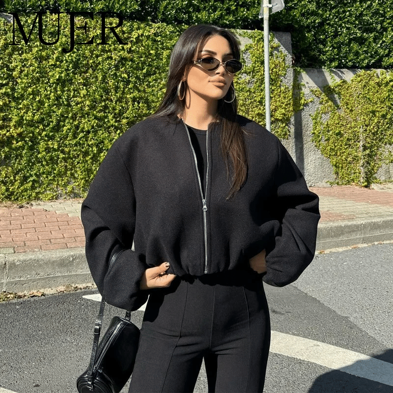 Black Collarless Zip-Up Cropped Bomber Jacket 3 Black Cropped Bomber Jacket