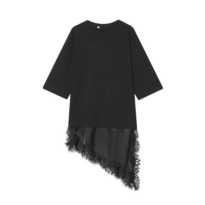 Black Oversized Asymmetric Lace-Hem T-Shirt Dress 4 Black Oversized Asymmetric Lace-Hem T-Shirt Dress - Image 4