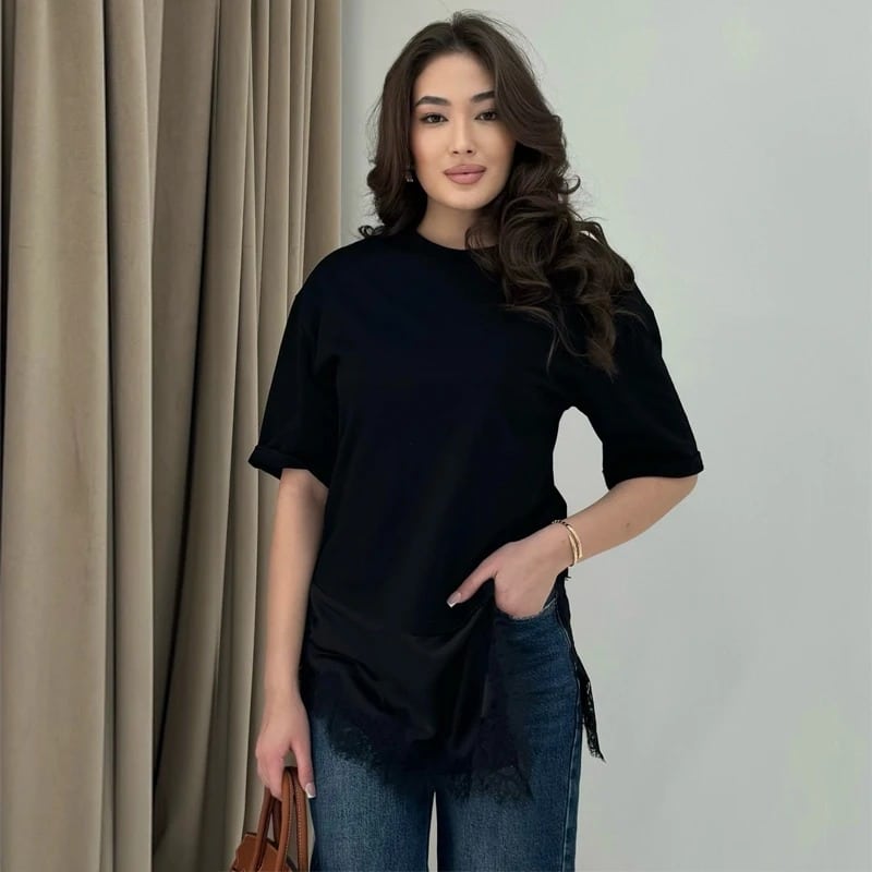 Black Oversized Asymmetric Lace-Hem T-Shirt Dress 2 Black Oversized Asymmetric Lace-Hem T-Shirt Dress - Image 2