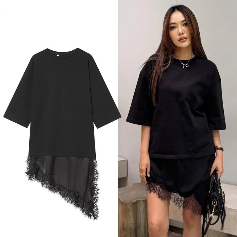Black Oversized Asymmetric Lace-Hem T-Shirt Dress 1 Black Oversized Asymmetric Lace-Hem T-Shirt Dress