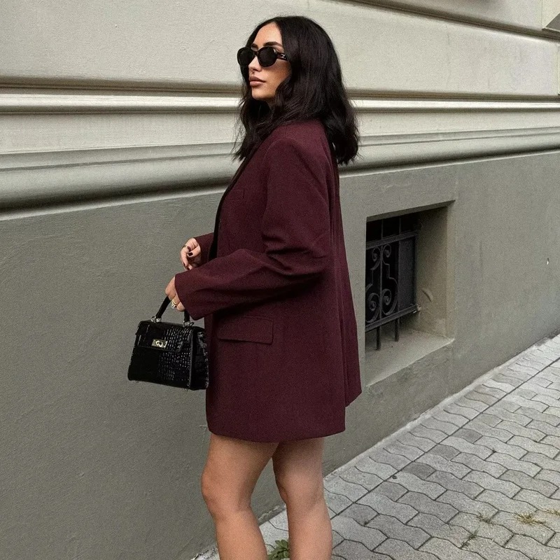 Burgundy Double-Breasted Peak Lapel Blazer 2 Peak Lapel Blazer Wearing on women