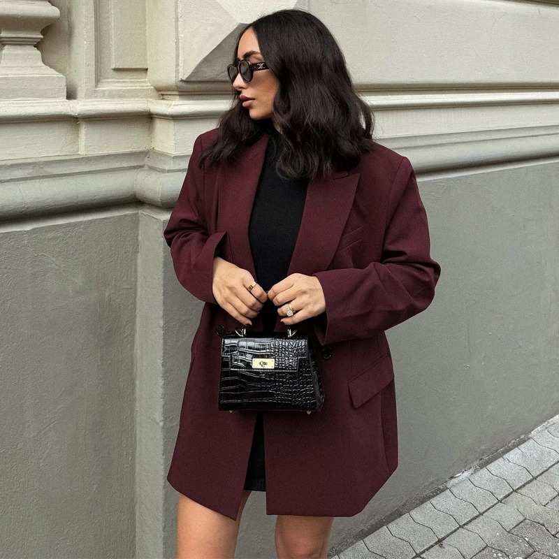 Burgundy Double-Breasted Peak Lapel Blazer 3 Peak Lapel Blazer on women