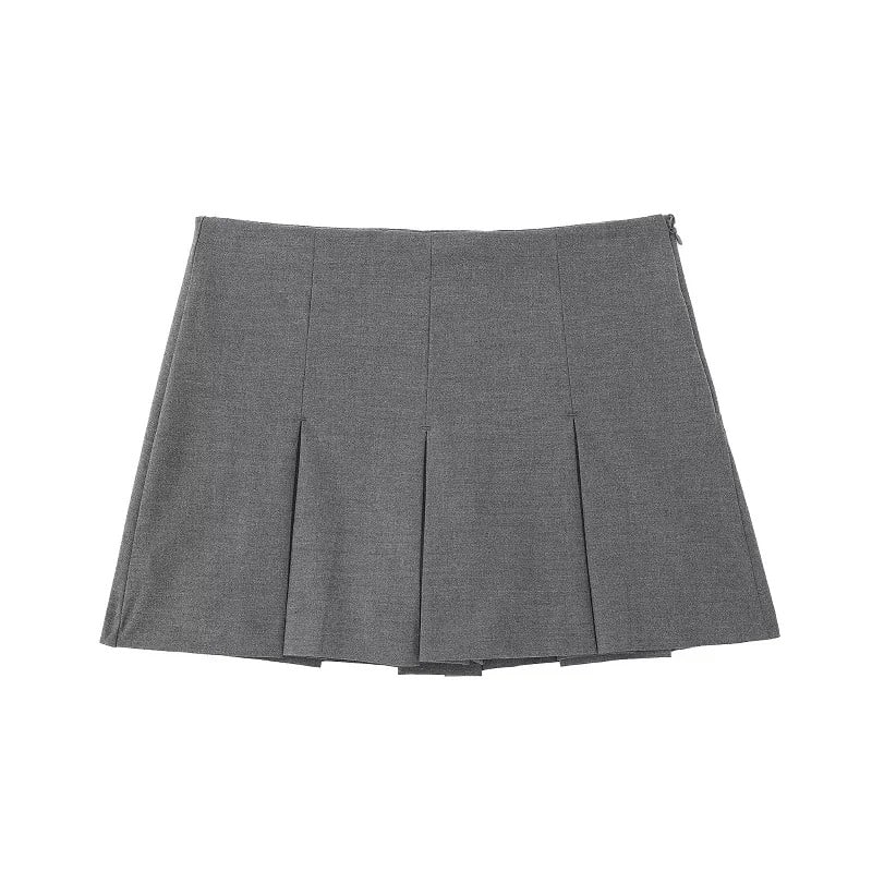 Charcoal Grey Pleated Mini Skirt – High-Waisted Box Pleat Preppy Schoolgirl Skirt 7 Pleated Mini Skirt-Grey Color