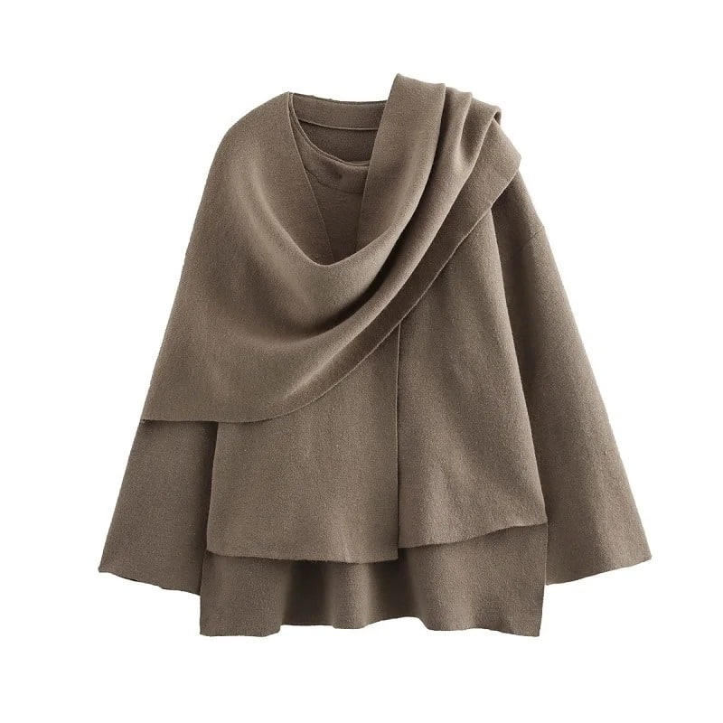 Draped Scarf-Collar Knit Poncho Jacket | Layered Cape Coat 5 Draped Scarf-Collar Knit Poncho Jacket | Layered Cape Coat - Image 5