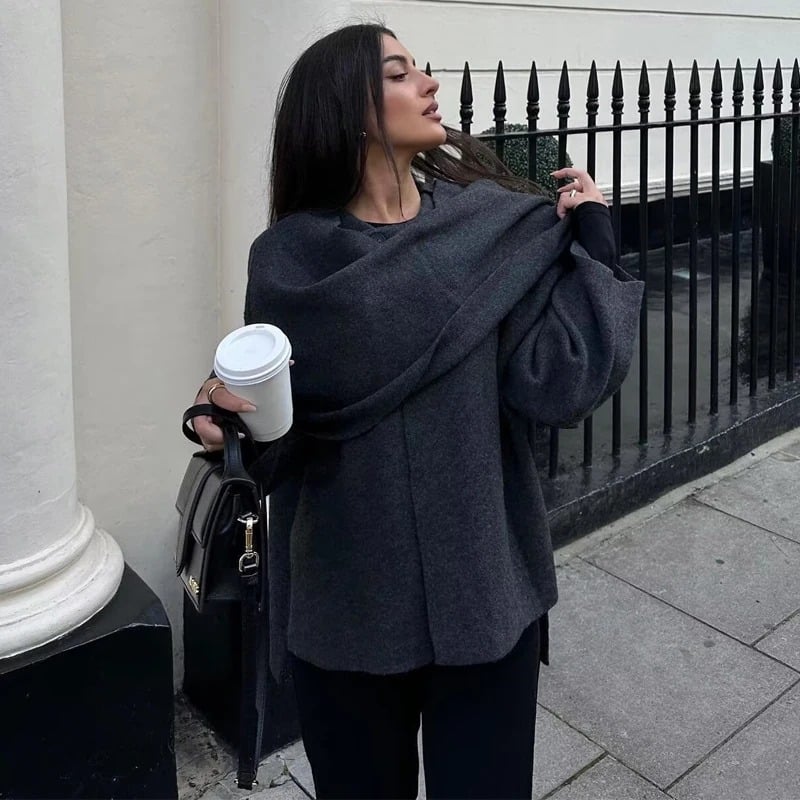 Draped Scarf-Collar Knit Poncho Jacket | Layered Cape Coat 2 Draped Scarf-Collar Knit Poncho Jacket | Layered Cape Coat - Image 2