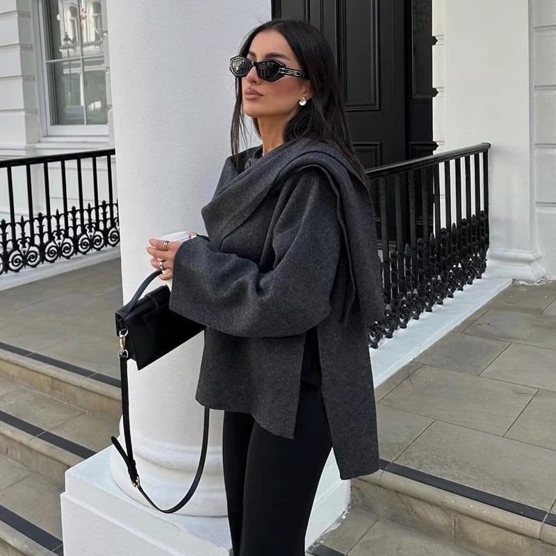 Draped Scarf-Collar Knit Poncho Jacket | Layered Cape Coat 3 Draped Scarf-Collar Knit Poncho Jacket | Layered Cape Coat - Image 3
