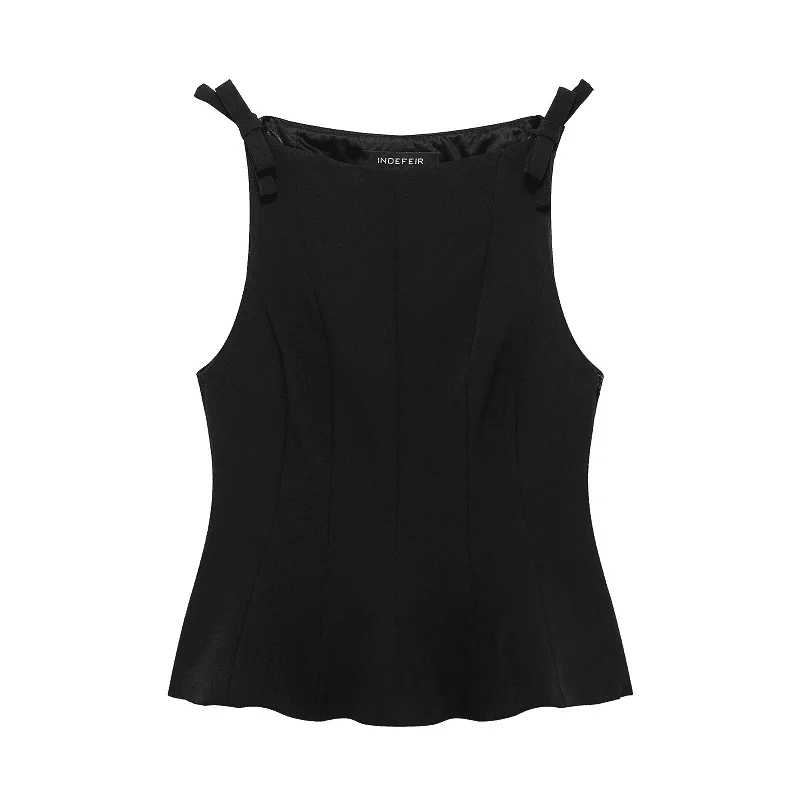 Elegant Bow-Tie Shoulder Peplum Tank Top – High-Neck Sleeveless Fitted Blouse 3 Sleeveless Peplum Top-Black