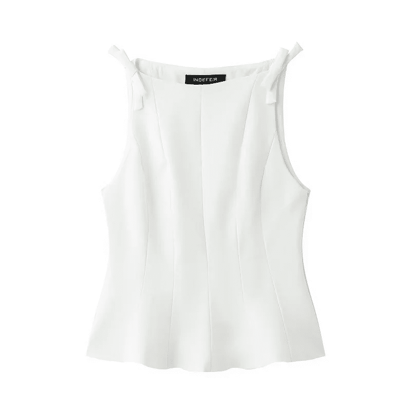 Elegant Bow-Tie Shoulder Peplum Tank Top – High-Neck Sleeveless Fitted Blouse 4 Sleeveless Peplum Top-White