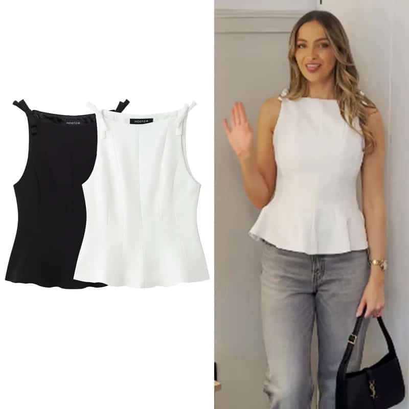 Elegant Bow-Tie Shoulder Peplum Tank Top – High-Neck Sleeveless Fitted Blouse 1 A sleeveless peplum top with shoulder bow ties shown in black and white flat-lay views on the left