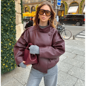 Traf Bomber Jacket Brown | Vintage Faux Leather Coat