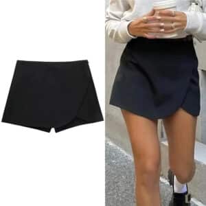 Wrap Skirt Shorts -A chic high-waisted asymmetric curved hem mini skort
