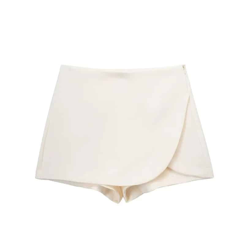 Chic Asymmetric Curved Hem Mini Skort – High-Waisted Wrap Skirt Shorts with Hidden Closure 9 Wrap Skirt Shorts-White