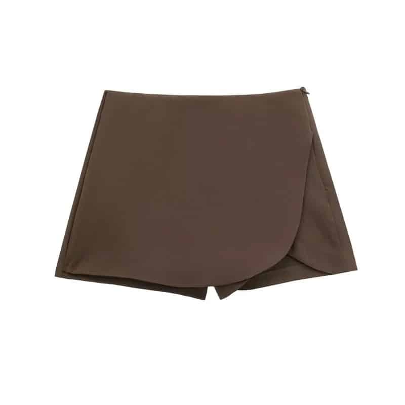 Chic Asymmetric Curved Hem Mini Skort – High-Waisted Wrap Skirt Shorts with Hidden Closure 8 Wrap Skirt Shorts-brown color