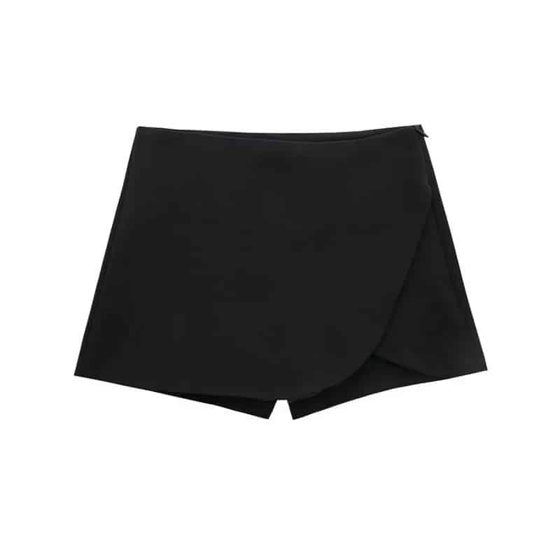 Chic Asymmetric Curved Hem Mini Skort – High-Waisted Wrap Skirt Shorts with Hidden Closure 5 Wrap Skirt Shorts-front view