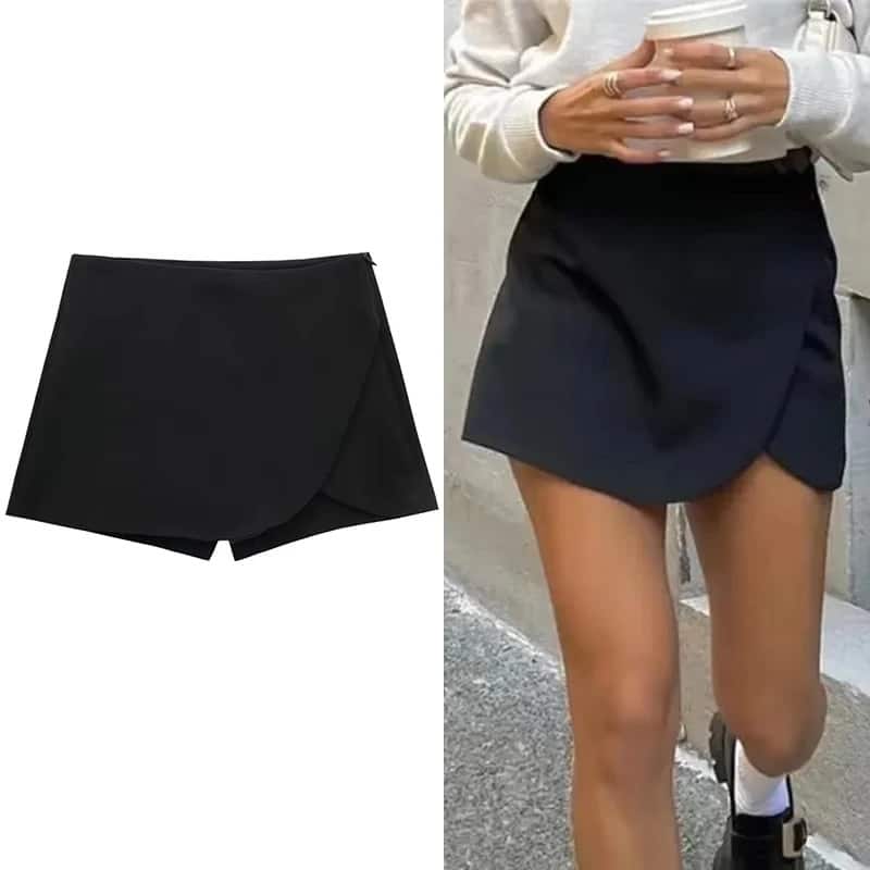 Chic Asymmetric Curved Hem Mini Skort – High-Waisted Wrap Skirt Shorts with Hidden Closure 1 Wrap Skirt Shorts -A chic high-waisted asymmetric curved hem mini skort