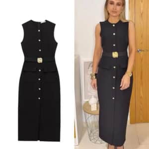 A tailored black sleeveless midi dress featuring a gold button-down front, decorative hip flaps, and a matching belt with a gold buckle, shown as a product flat lay next to a woman modeling it.