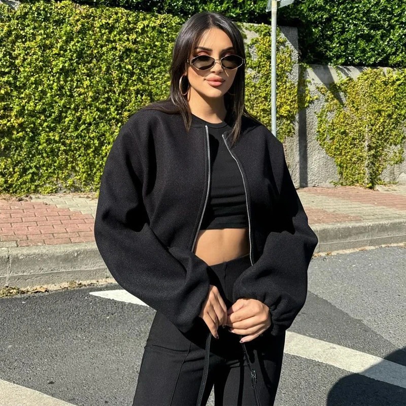 Black Collarless Zip-Up Cropped Bomber Jacket 4 bomber jacket cropped