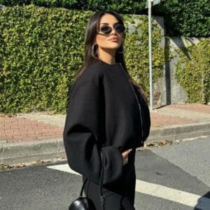Cropped Bomber Jacket | Black Collarless Zip-Up Outerwear