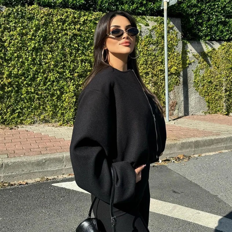 Black Collarless Zip-Up Cropped Bomber Jacket 1 Cropped Bomber Jacket | Black Collarless Zip-Up Outerwear