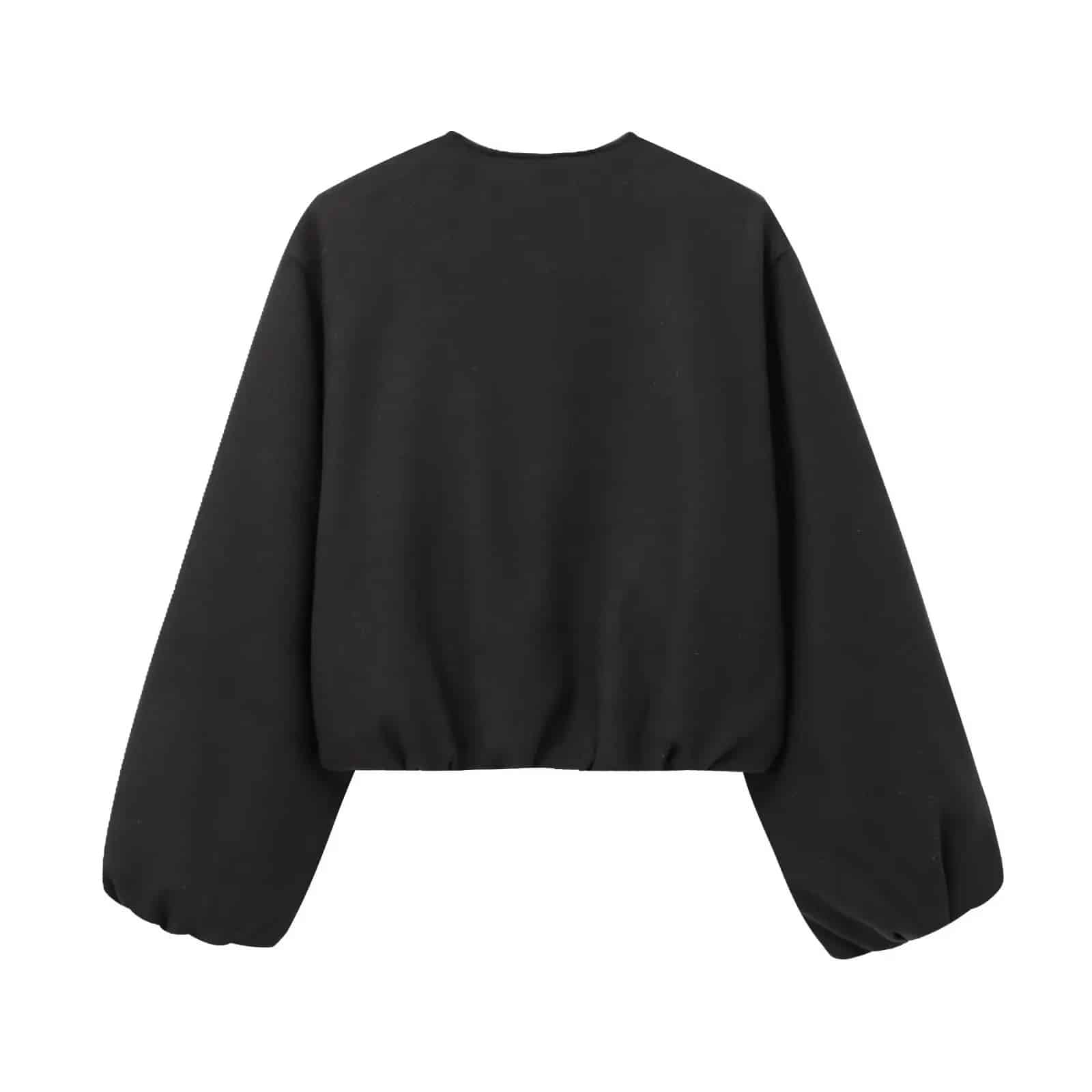 Black Collarless Zip-Up Cropped Bomber Jacket 5 cropped bomber jacket-back view