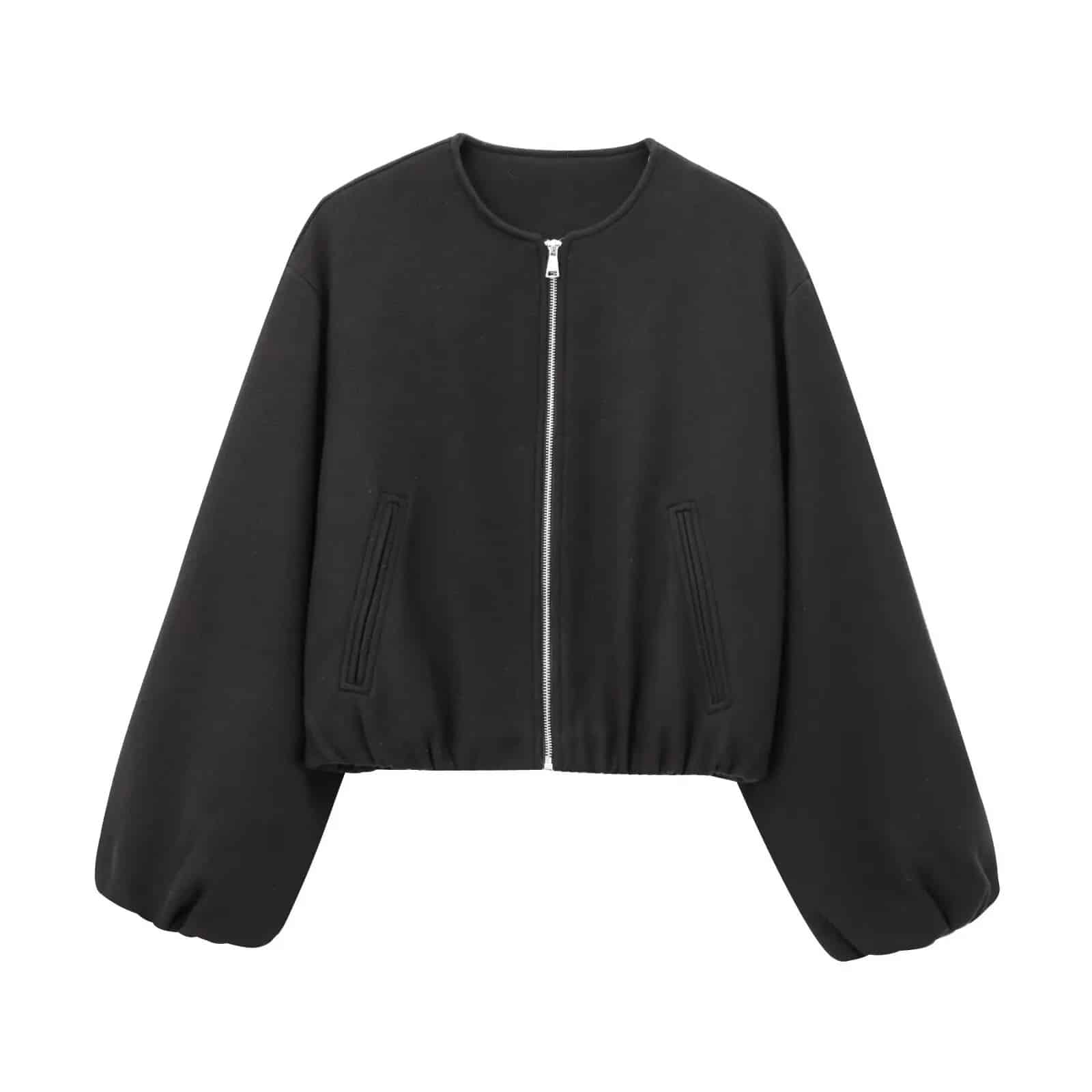 Black Collarless Zip-Up Cropped Bomber Jacket 6 cropped bomber jacket-front view