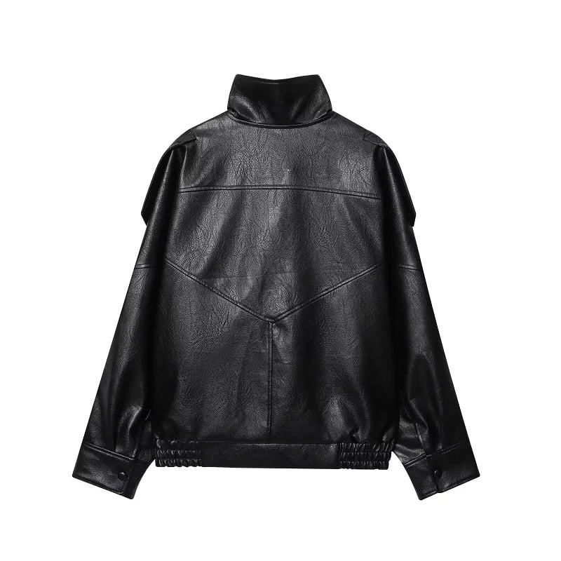 High Neck Leather Bomber Jacket 9 high neck leather bomber black jacket-back view