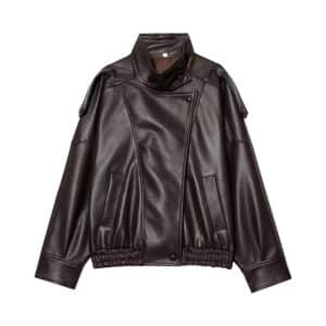 High Neck Leather Bomber Jacket with a high stand collar, shoulder epaulettes, asymmetric snap closure