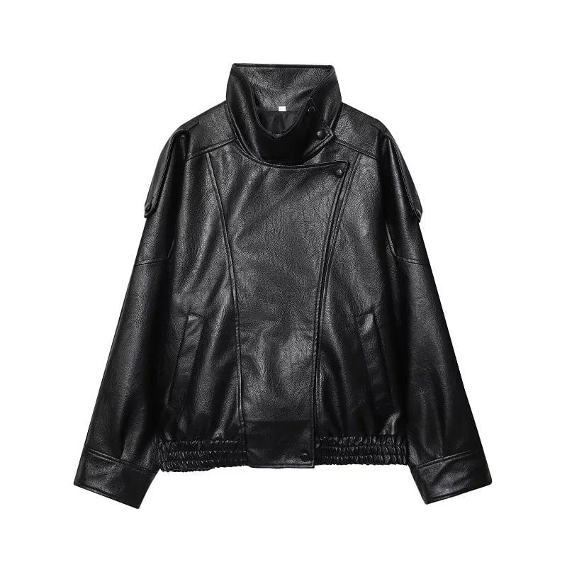 High Neck Leather Bomber Jacket 8 high neck leather bomber jacket-black color