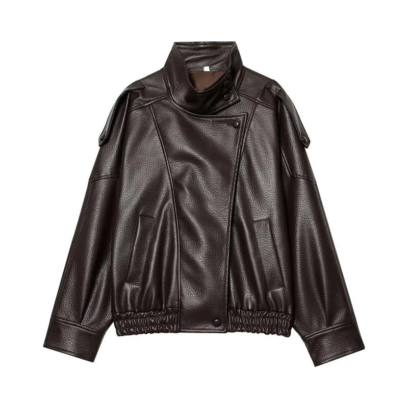 High Neck Leather Bomber Jacket 1 High Neck Leather Bomber Jacket with a high stand collar, shoulder epaulettes, asymmetric snap closure