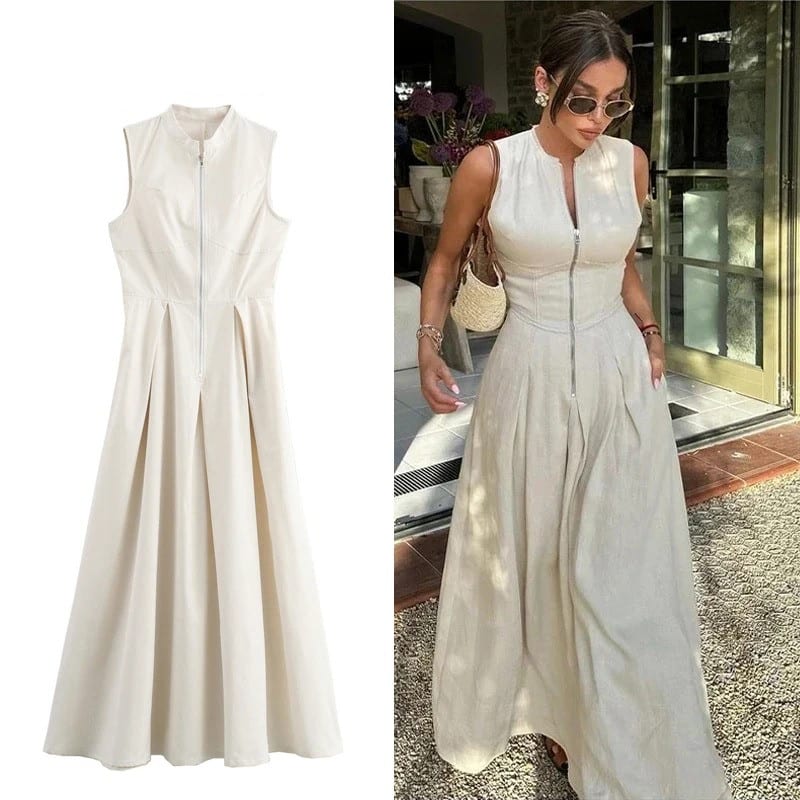 Sleeveless Maxi Dress with Zipper in Front A-Line Dress 1 Sleeveless Maxi Dress with Zipper in Front A-Line Dress